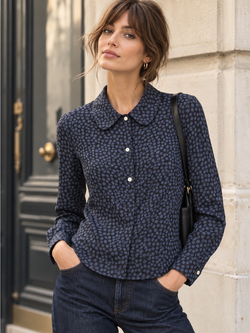 A.P.C. Paris 100% Silk Navy Blue Dot Print Blouse Shirt Minimalist Chic Size M
